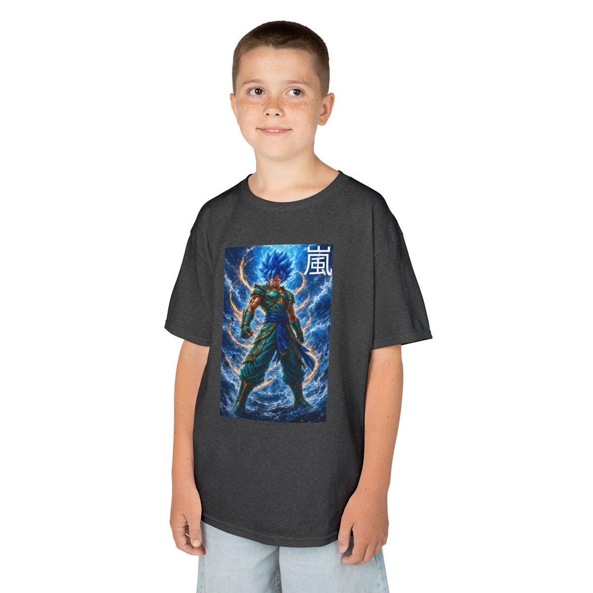Kinetic Lightning Tee, Storm Kanji Blue Warrior Youth Shirt, Elemental Electric Fighter Graphic Kids Playwear Clothing