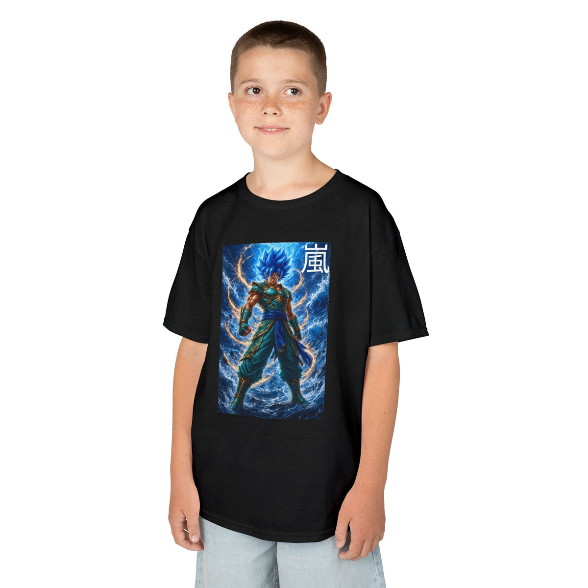 Kinetic Lightning Tee, Storm Kanji Blue Warrior Youth Shirt, Elemental Electric Fighter Graphic Kids Playwear Clothing