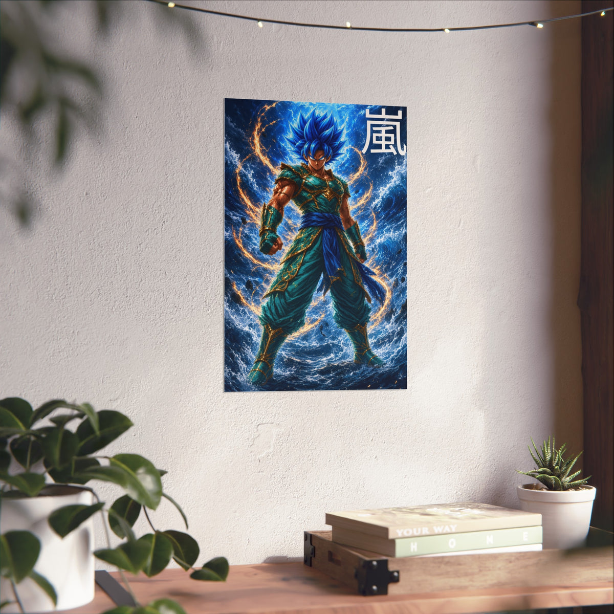 Storm Kanji Poster, Electric Blue Aura Anime Art Print, Vertical Elemental Lightning Fighter Giclee Wall Decor