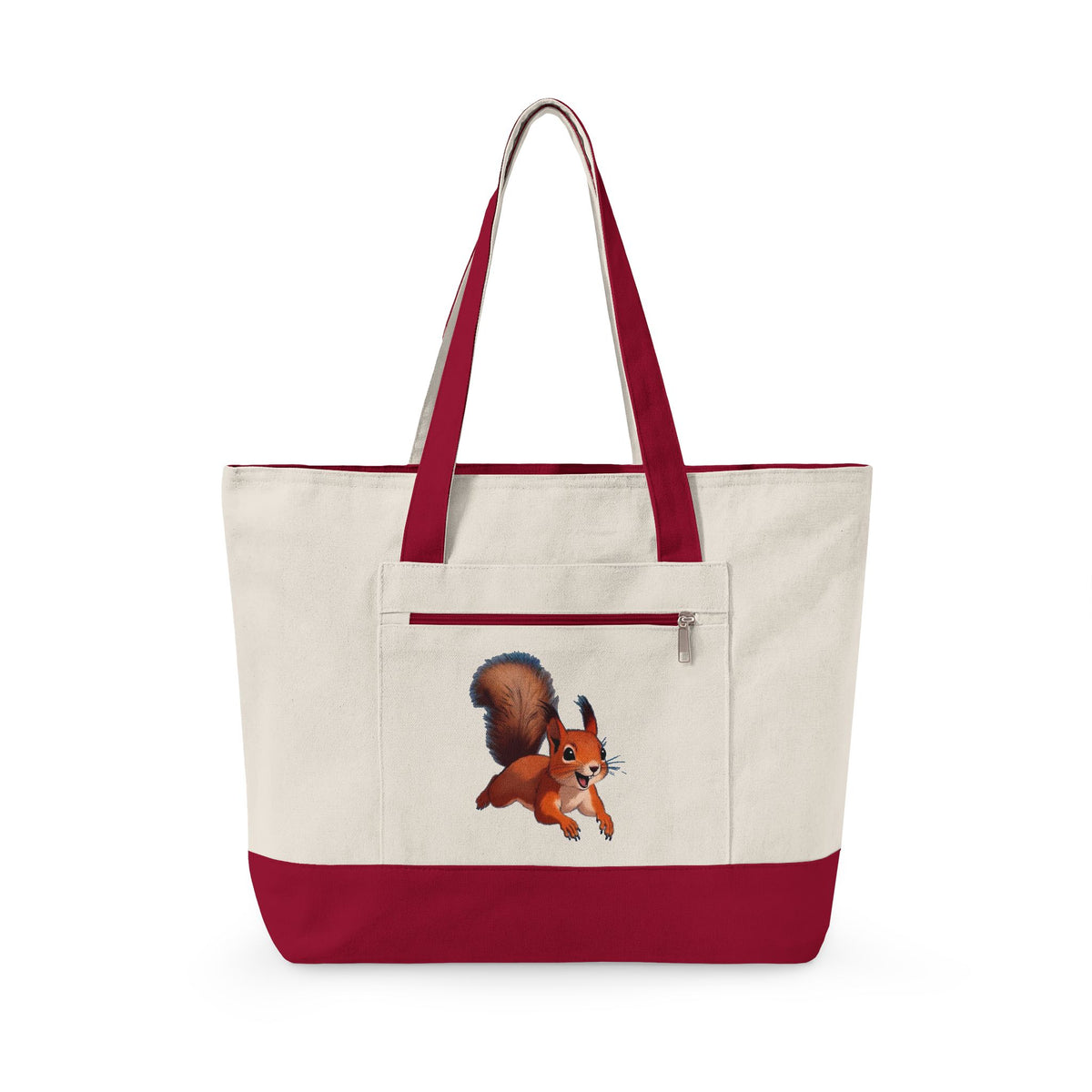 Cute Squirrel Canvas Tote Bag Zippered Heavy Duty Cotton Shoulder Pouch Everyday Animal Grocery Pack