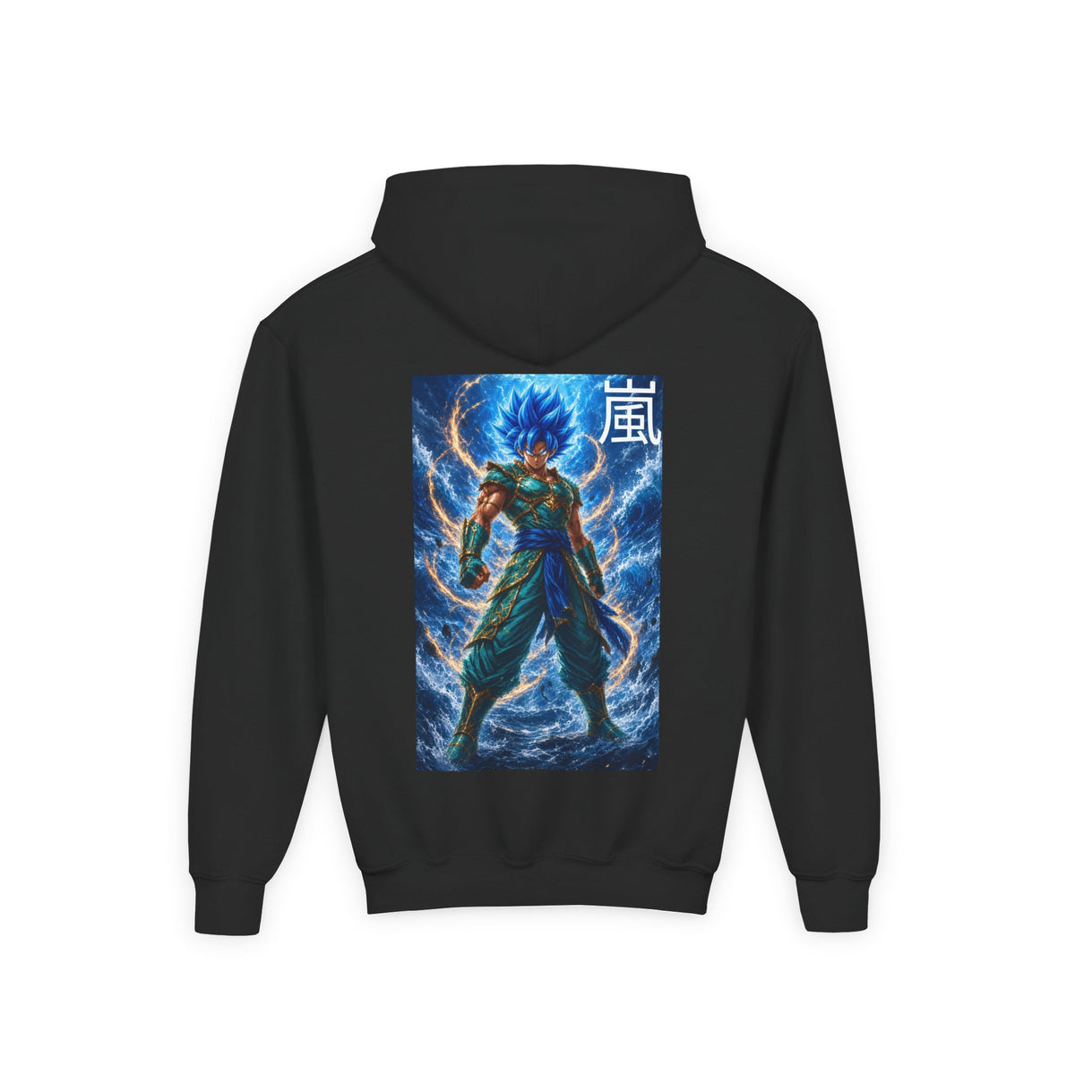 Electric Lightning Warrior Hoodie, Storm Kanji Anime Kids Pullover, Front Minimal Chest Text Back Print Elemental Graphic Youth Sweatshirt