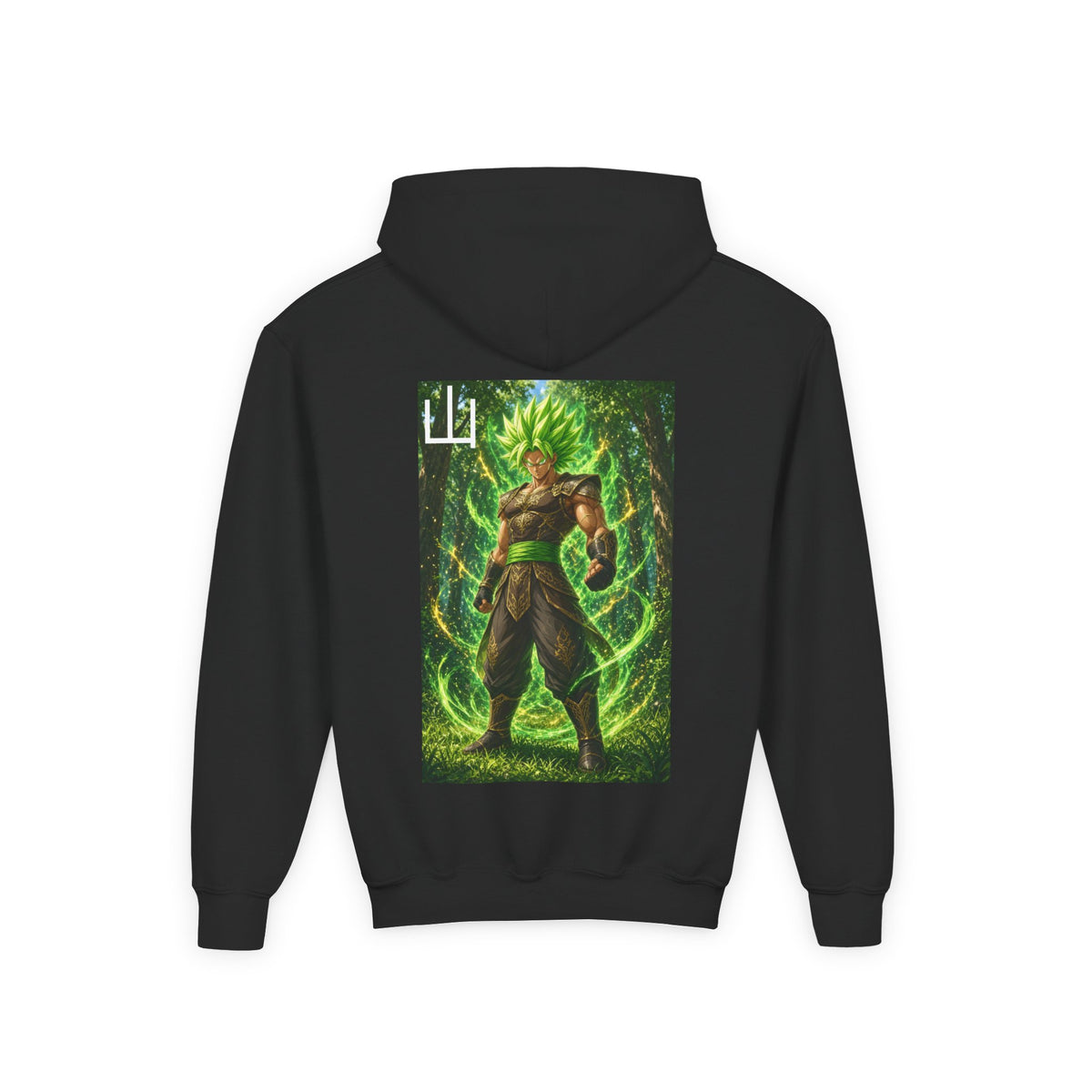 Deep Forest Warrior Hoodie, Mountain Kanji Anime Kids Pullover, Front Minimal Chest Text Back Print Elemental Graphic Youth Sweatshirt