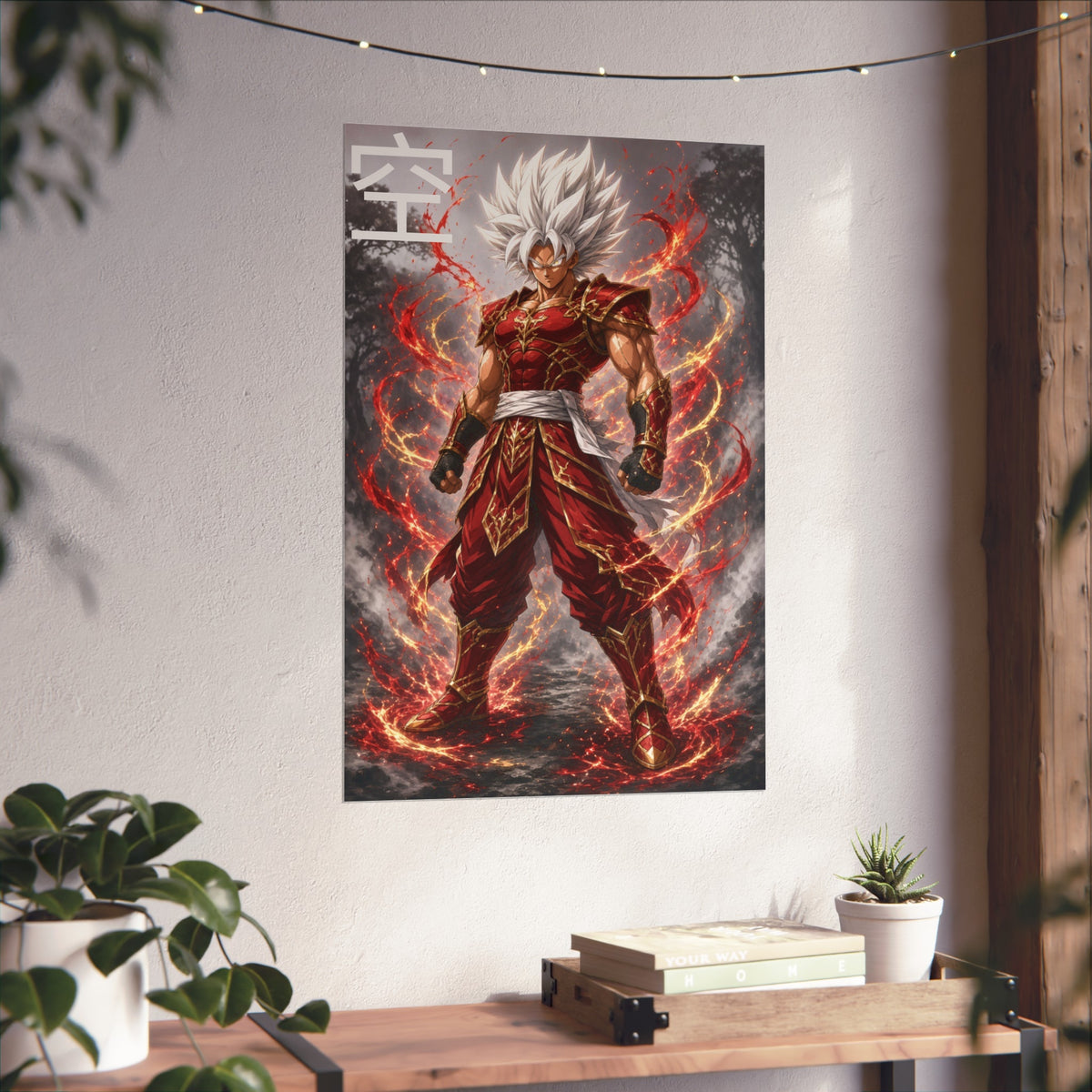 Sky Kanji Warrior Poster, White Hair God Mode Anime Art Print, Vertical Elemental Fighter Giclee Wall Decor