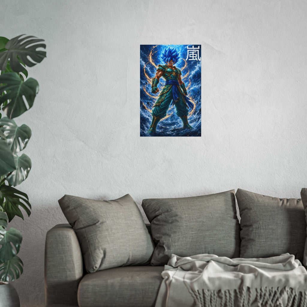 Storm Kanji Poster, Electric Blue Aura Anime Art Print, Vertical Elemental Lightning Fighter Giclee Wall Decor