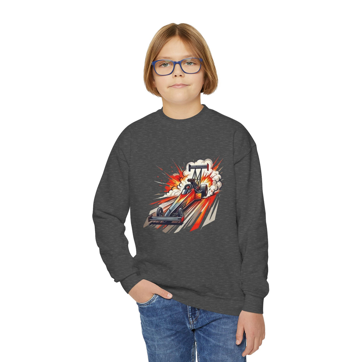 Dragster Race Car Youth Crewneck Sweatshirt | Drag Racing Graphic