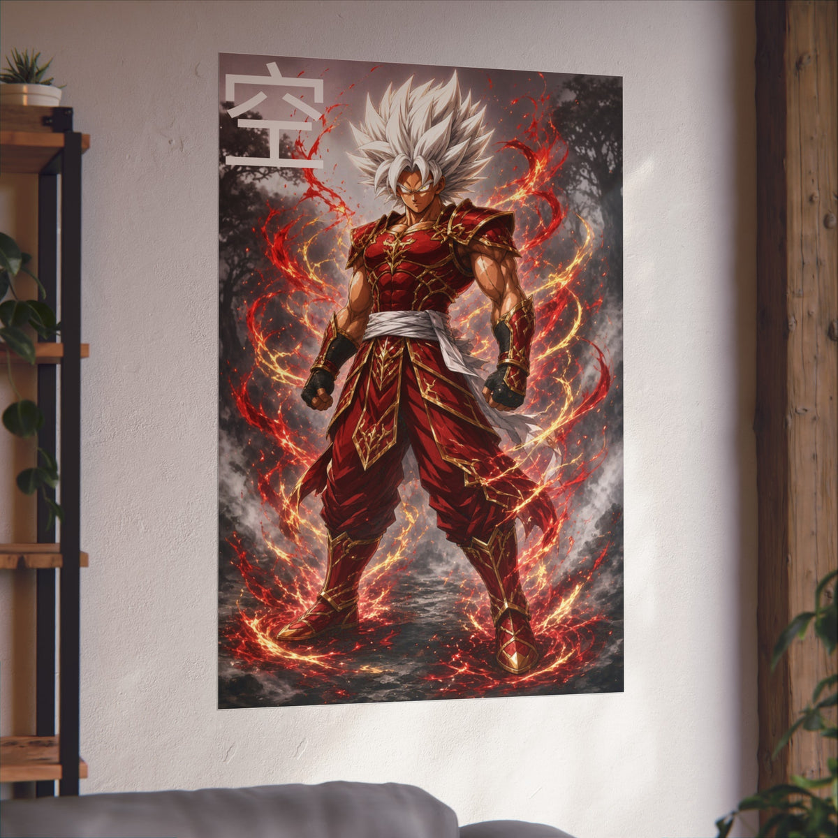 Sky Kanji Warrior Poster, White Hair God Mode Anime Art Print, Vertical Elemental Fighter Giclee Wall Decor