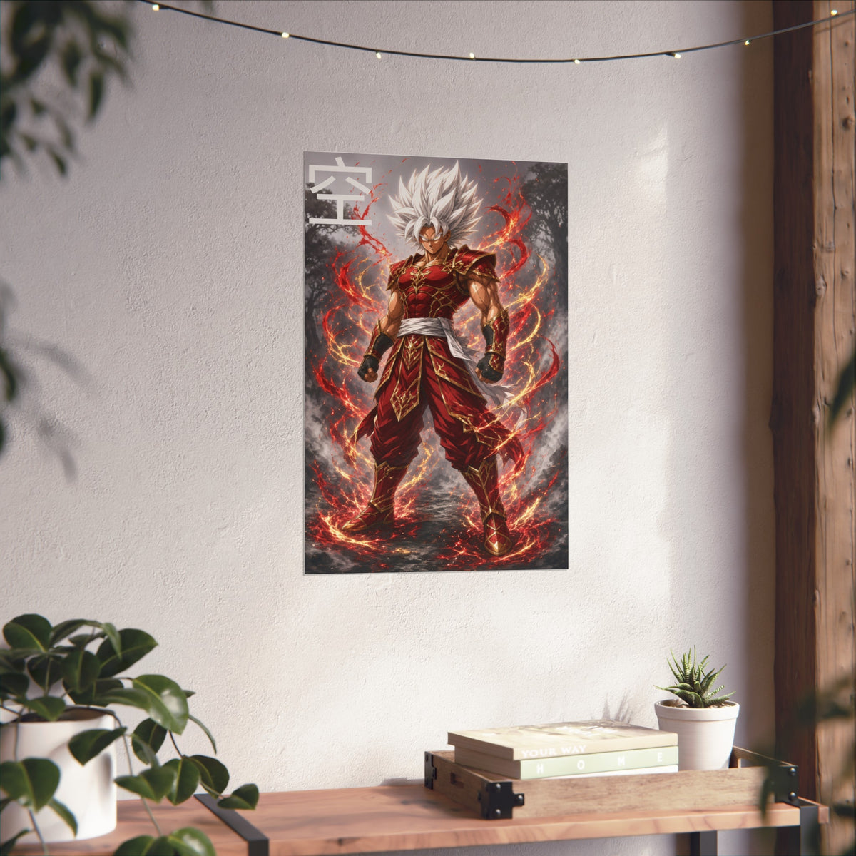 Sky Kanji Warrior Poster, White Hair God Mode Anime Art Print, Vertical Elemental Fighter Giclee Wall Decor