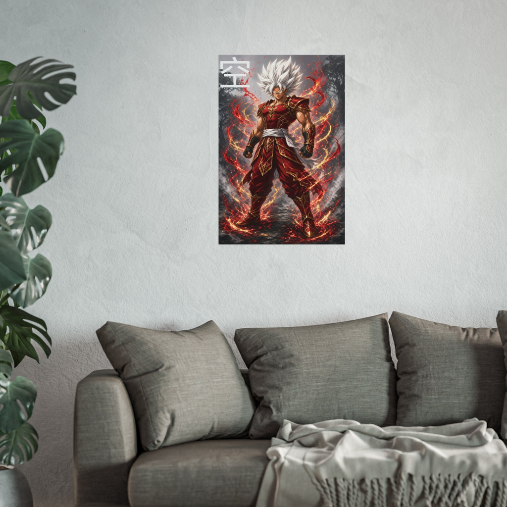 Sky Kanji Warrior Poster, White Hair God Mode Anime Art Print, Vertical Elemental Fighter Giclee Wall Decor