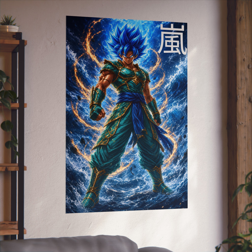 Storm Kanji Poster, Electric Blue Aura Anime Art Print, Vertical Elemental Lightning Fighter Giclee Wall Decor