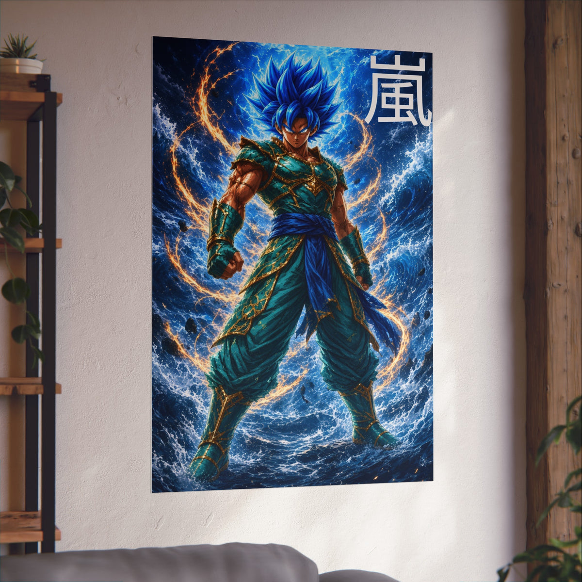 Storm Kanji Poster, Electric Blue Aura Anime Art Print, Vertical Elemental Lightning Fighter Giclee Wall Decor