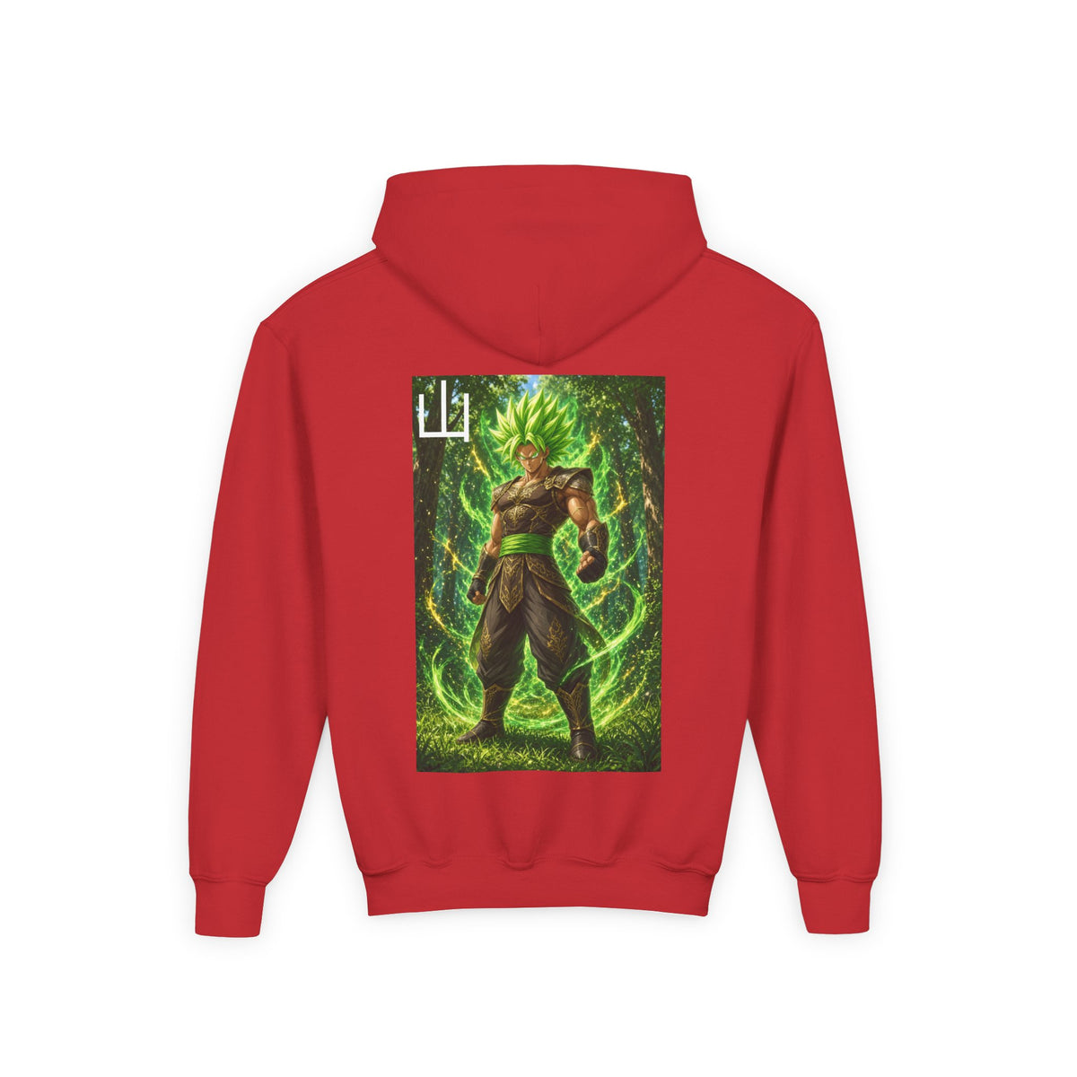 Deep Forest Warrior Hoodie, Mountain Kanji Anime Kids Pullover, Front Minimal Chest Text Back Print Elemental Graphic Youth Sweatshirt