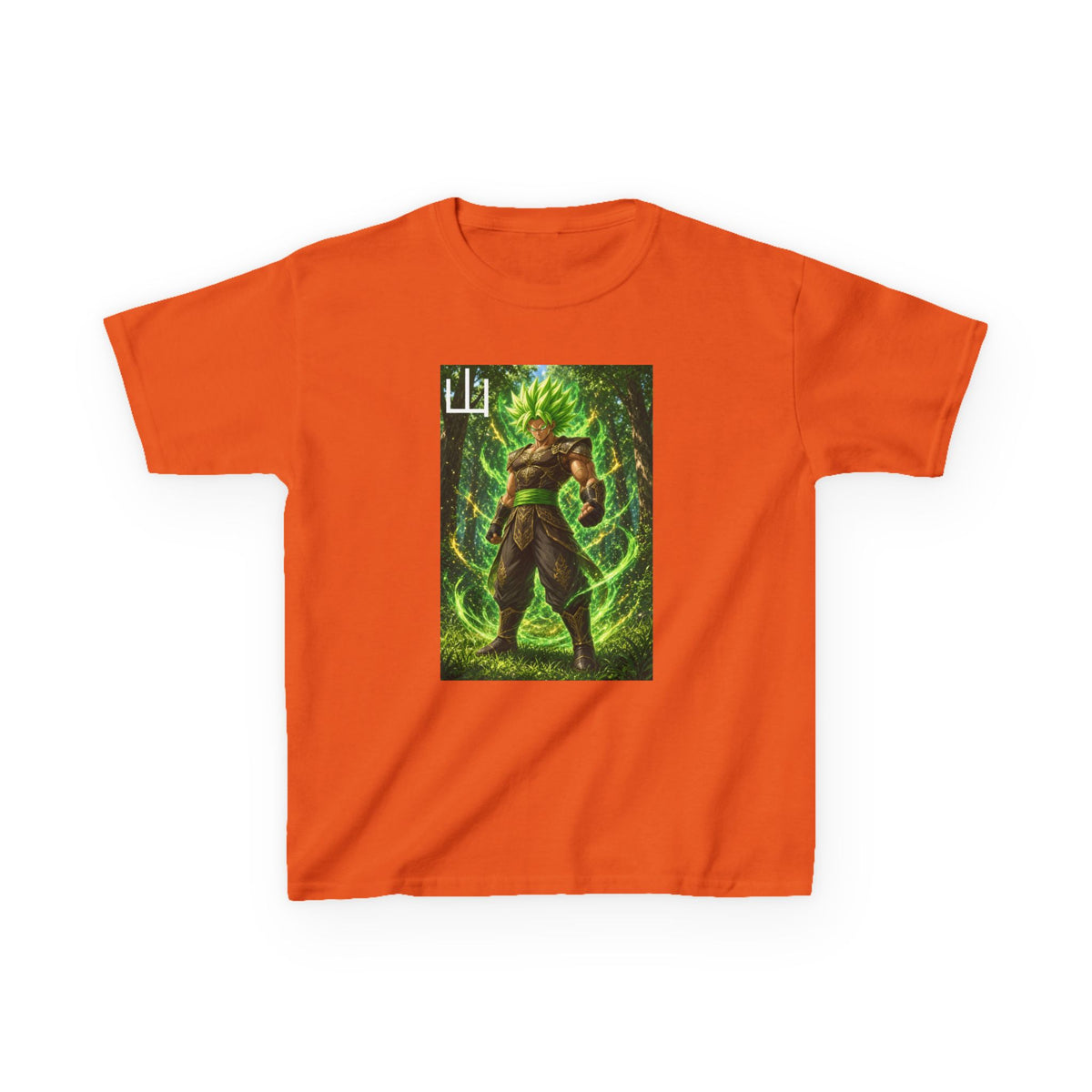 Emerald Forest Tee, Mountain Kanji Green Warrior Youth Shirt, Elemental Earth Fighter Graphic Kids Playwear Clothing
