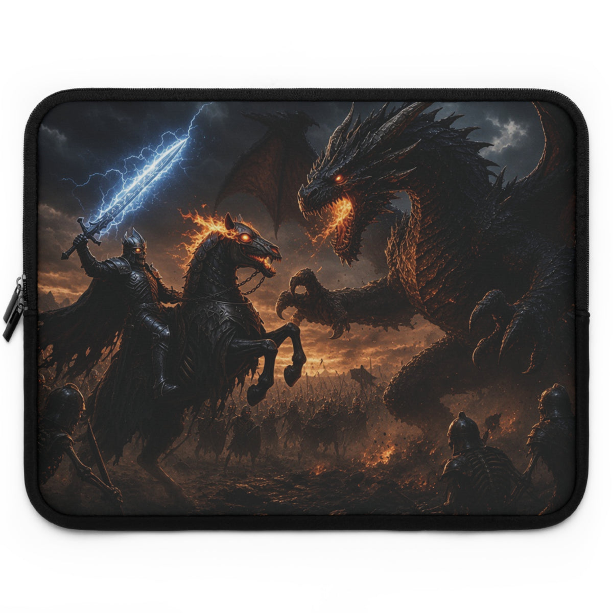 Rearing Hellhound Rider Laptop Sleeve, Lightning Sword vs Ancient Dragon Computer Case, Dark Fantasy RPG Boss Fight Tech Cover