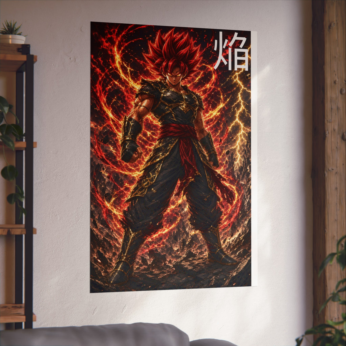 Flame Kanji Poster, Crimson Magma Aura Anime Art Print, Vertical Elemental Fire Fighter Giclee Wall Decor