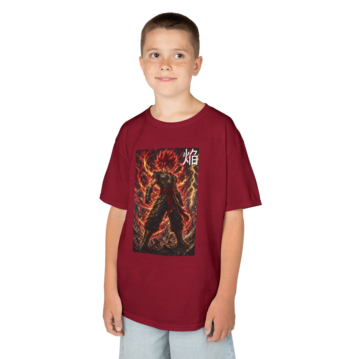 Volcanic Crimson Tee, Flame Kanji Magma Warrior Youth Shirt, Elemental Fire Fighter Graphic Kids Playwear Clothing