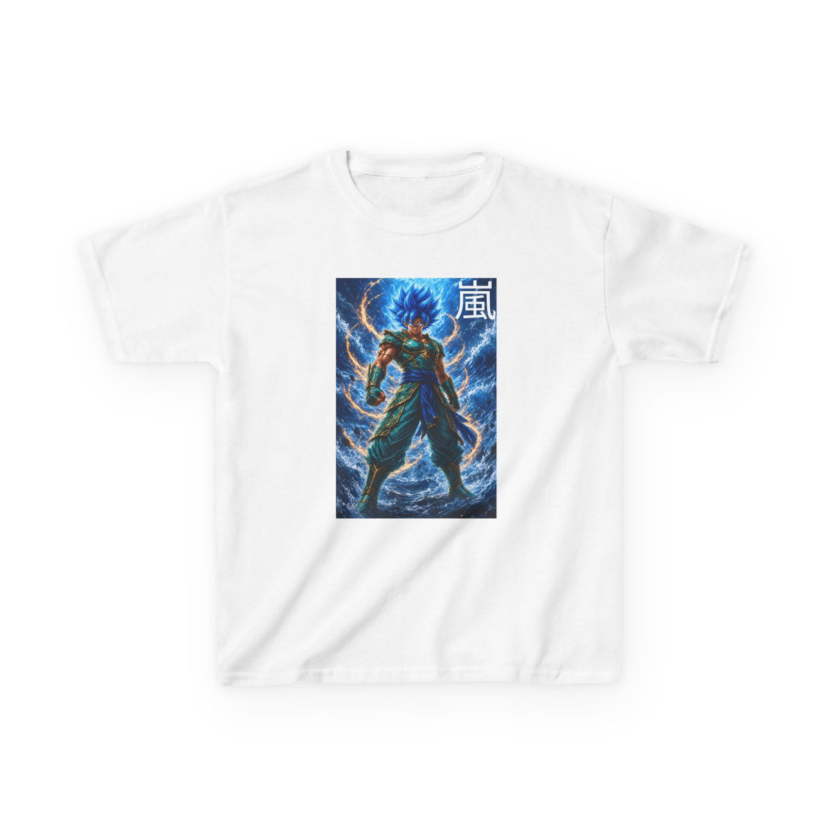 Kinetic Lightning Tee, Storm Kanji Blue Warrior Youth Shirt, Elemental Electric Fighter Graphic Kids Playwear Clothing