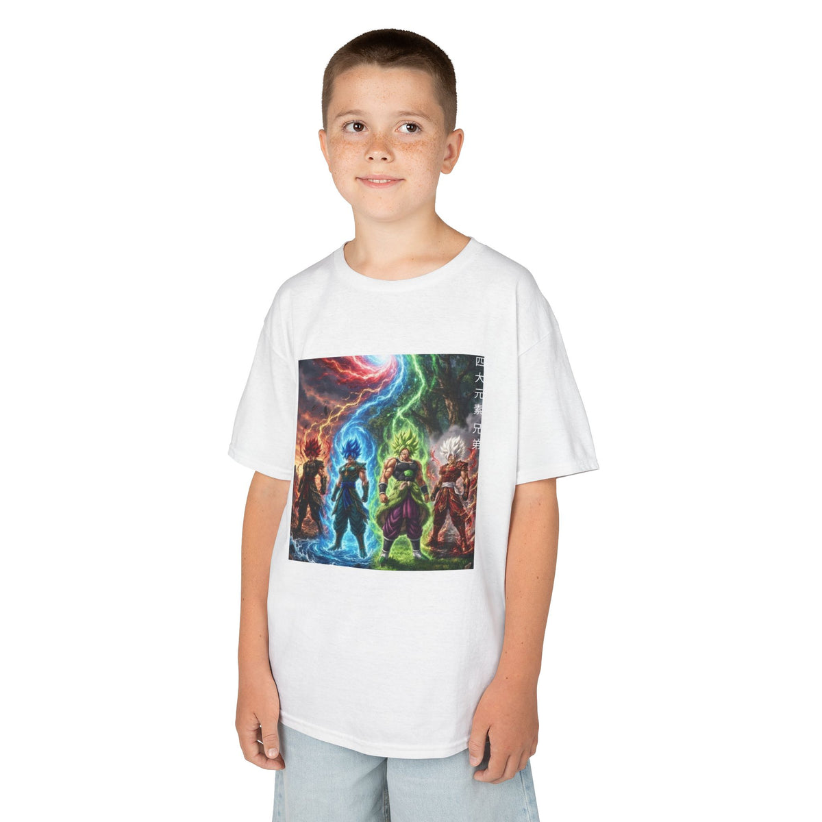 Group Warrior Tee, Four Elemental Brothers Kids Shirt, Team Anime Fighter Multicharacter Graphic Youth Playwear Clothing