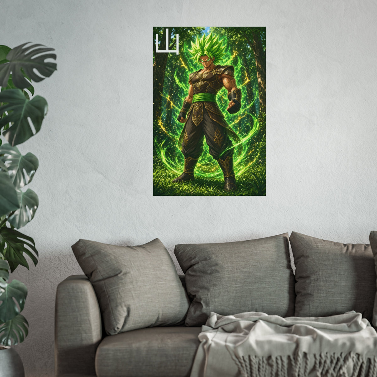 Mountain Kanji Poster, Emerald Green Aura Anime Art Print, Vertical Elemental Forest Fighter Giclee Wall Decor