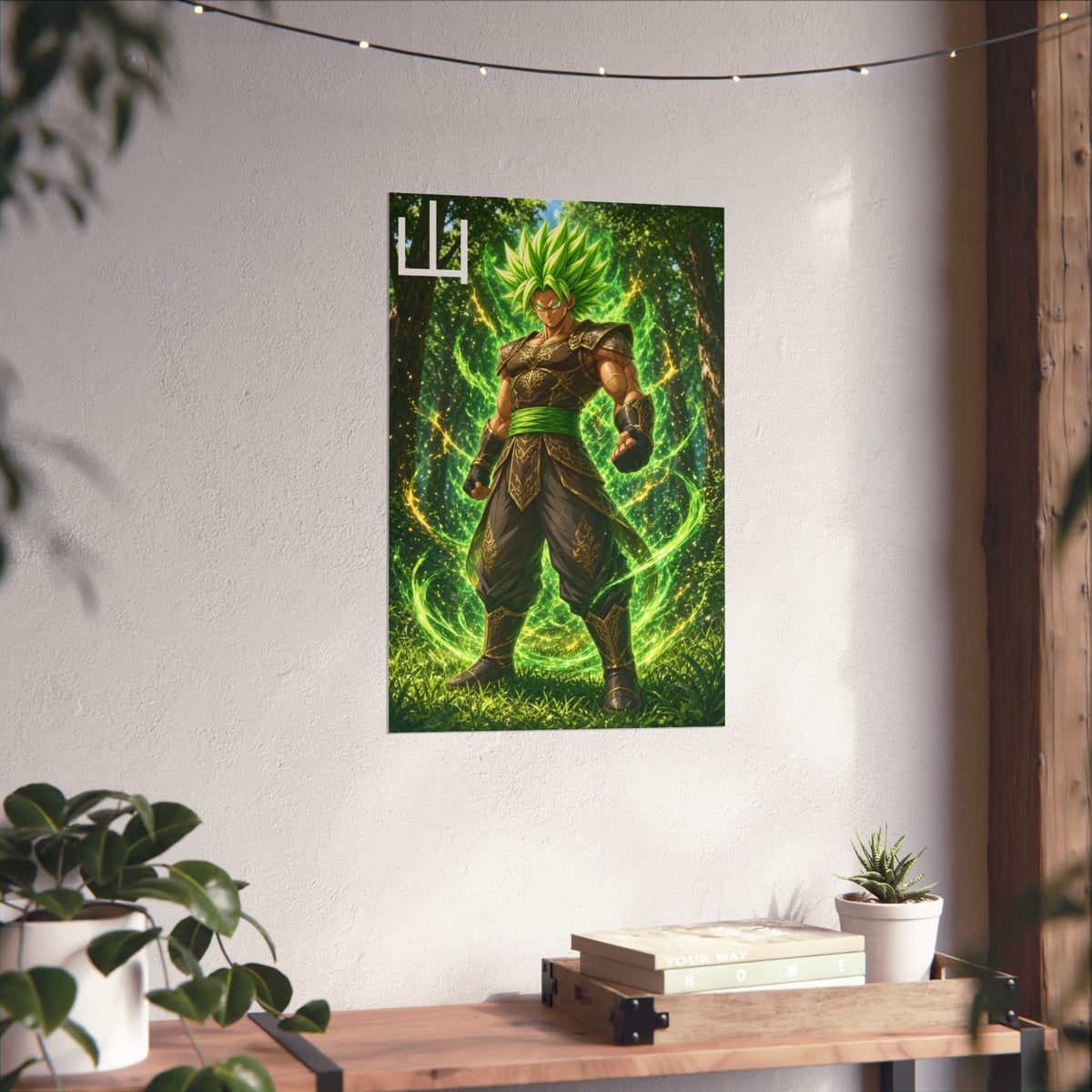 Mountain Kanji Poster, Emerald Green Aura Anime Art Print, Vertical Elemental Forest Fighter Giclee Wall Decor