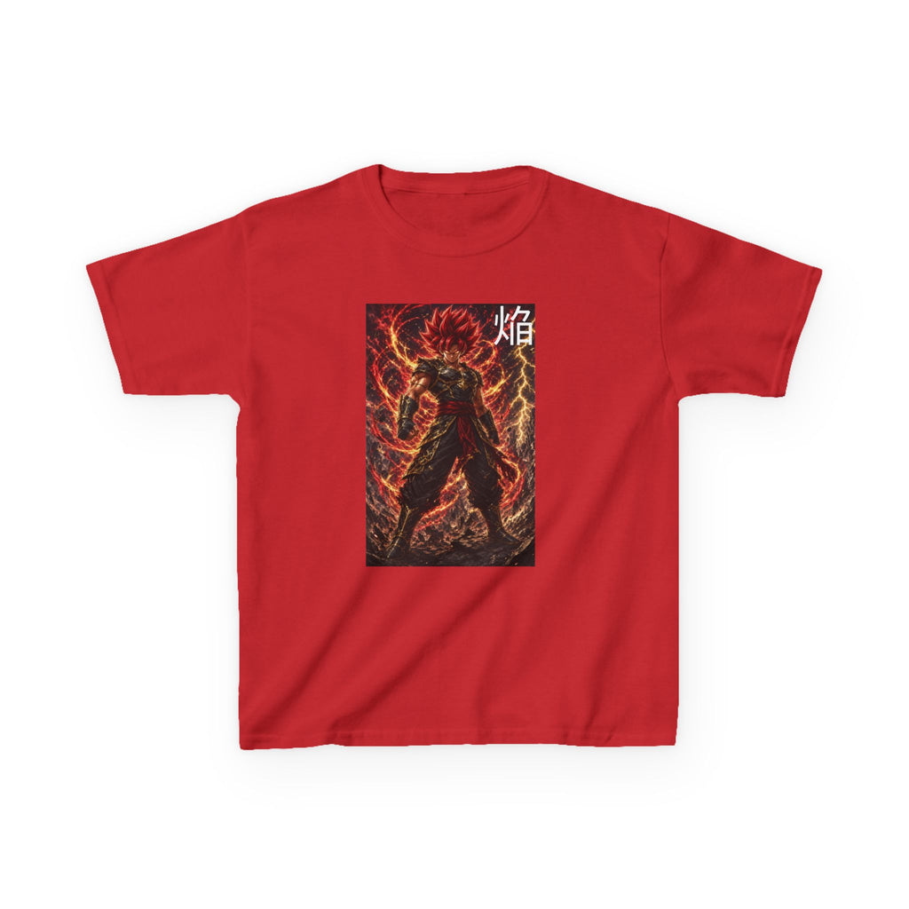 Volcanic Crimson Tee, Flame Kanji Magma Warrior Youth Shirt, Elemental Fire Fighter Graphic Kids Playwear Clothing
