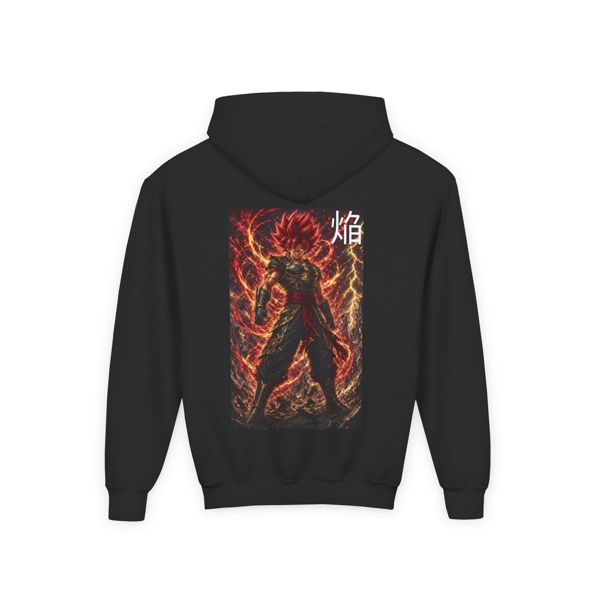 Fiery Crimson Warrior Hoodie, Flame Kanji Anime Kids Pullover, Front Minimal Chest Text Back Print Elemental Graphic Youth Sweatshirt