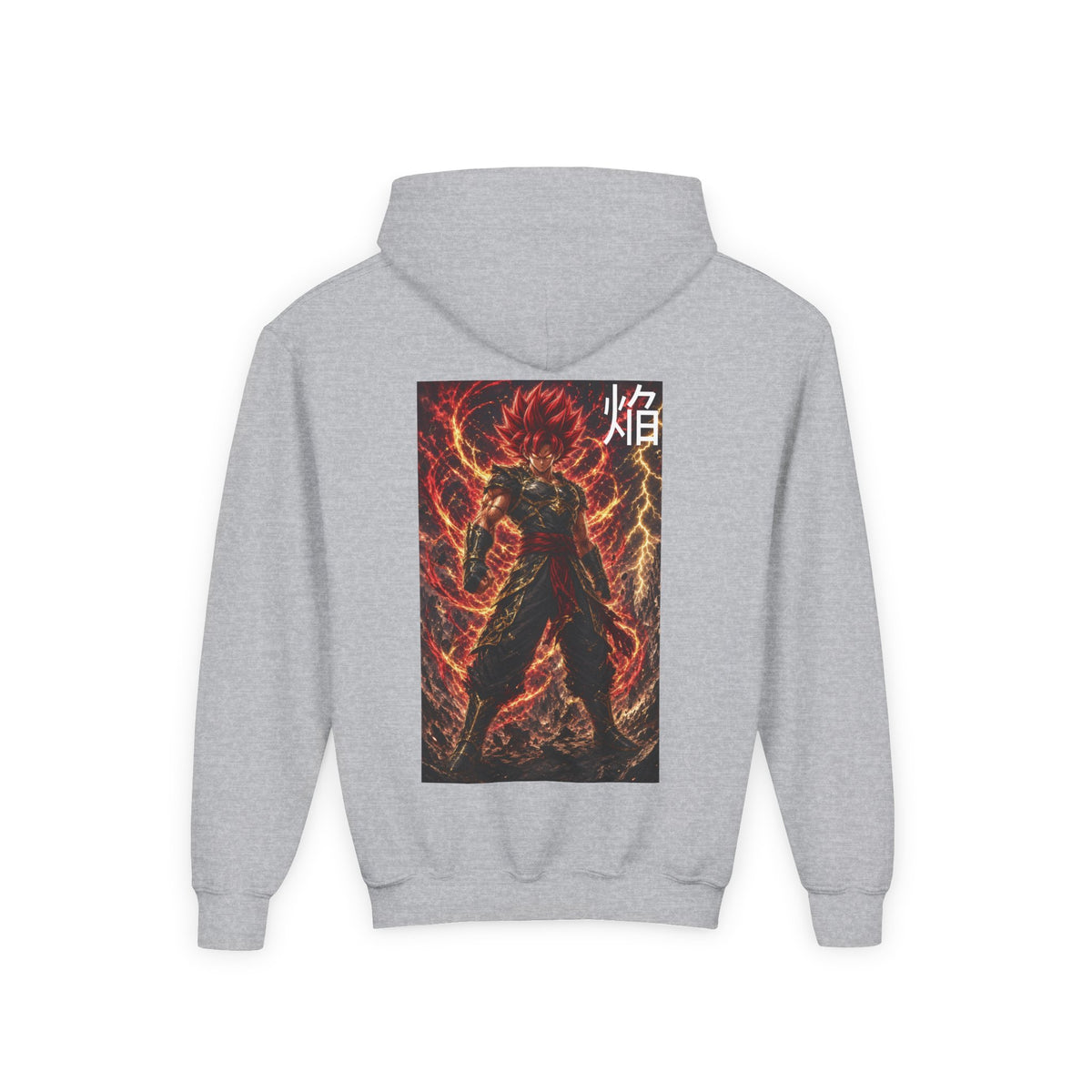 Fiery Crimson Warrior Hoodie, Flame Kanji Anime Kids Pullover, Front Minimal Chest Text Back Print Elemental Graphic Youth Sweatshirt