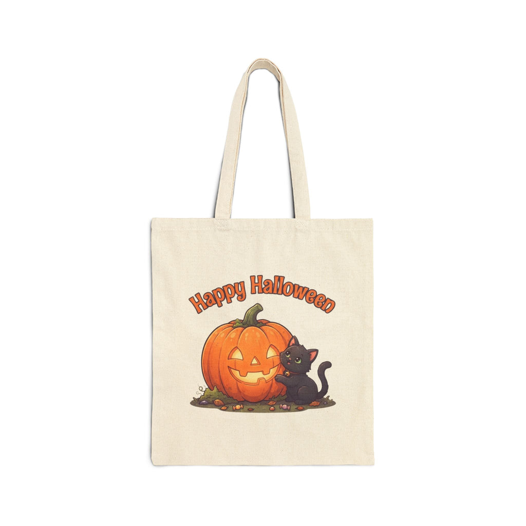 Halloween Black Cat Tote Bag | Carved Pumpkin Canvas Market Bag
