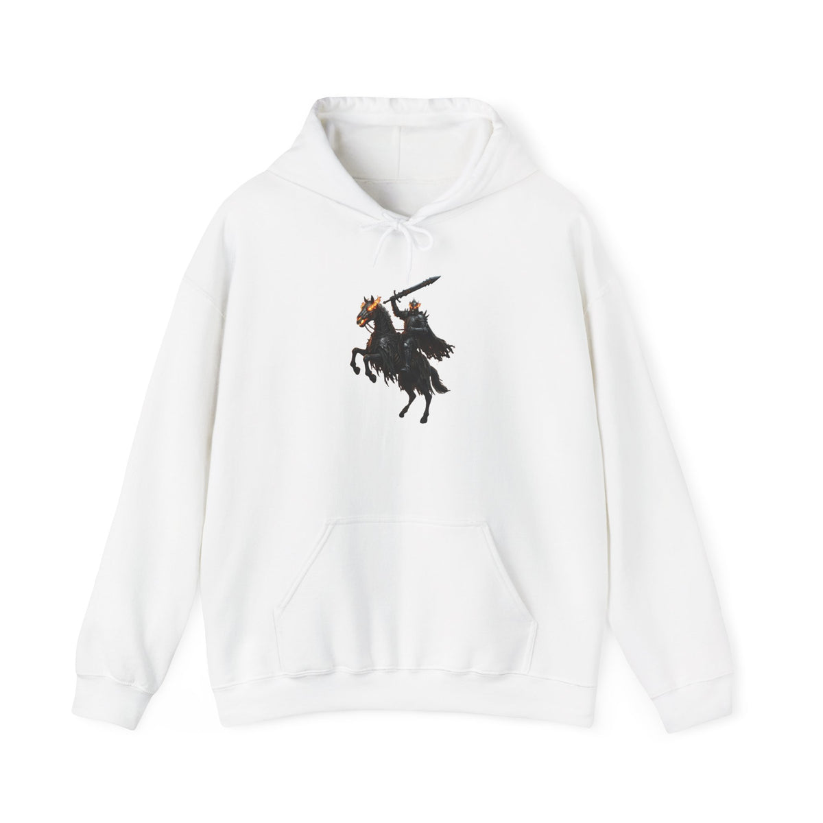 Minimalist Silhouette Front Hoodie, Full Color Back Battle Scene Sweatshirt, Double Sided Gothic Heavyweight Pullover Apparel