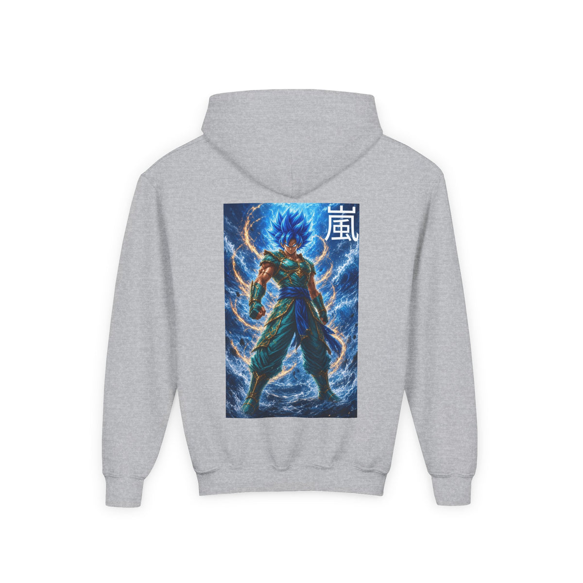 Electric Lightning Warrior Hoodie, Storm Kanji Anime Kids Pullover, Front Minimal Chest Text Back Print Elemental Graphic Youth Sweatshirt