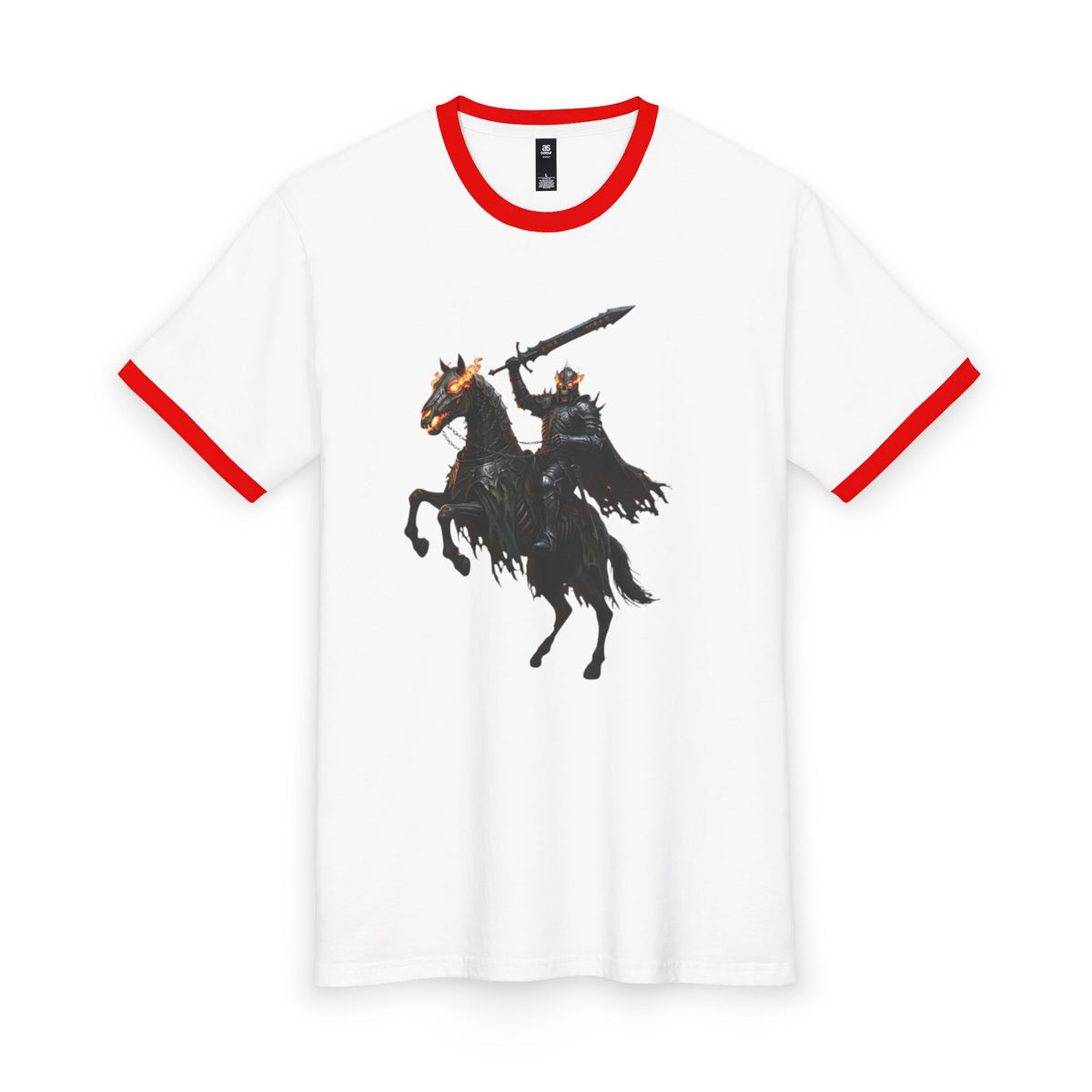 Retro Contrast Ringer Tee, Silhouette Dark Knight Graphic Shirt, Vintage Rock Style Medieval Undead Cavalry Apparel