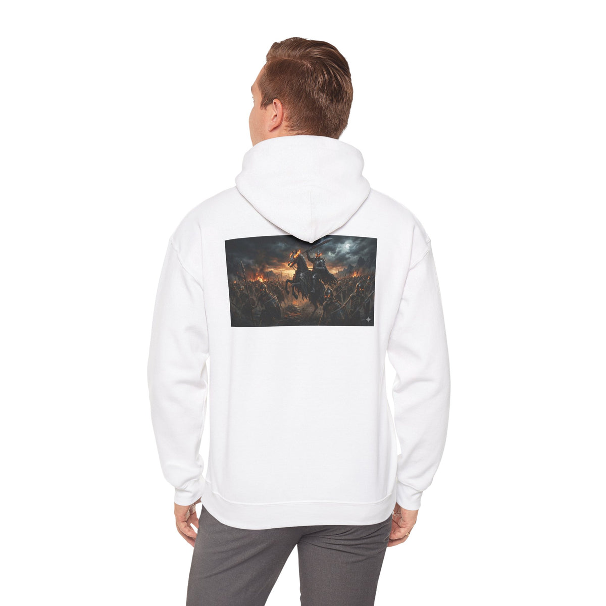 Minimalist Silhouette Front Hoodie, Full Color Back Battle Scene Sweatshirt, Double Sided Gothic Heavyweight Pullover Apparel