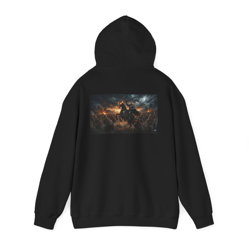 Minimalist Silhouette Front Hoodie, Full Color Back Battle Scene Sweatshirt, Double Sided Gothic Heavyweight Pullover Apparel
