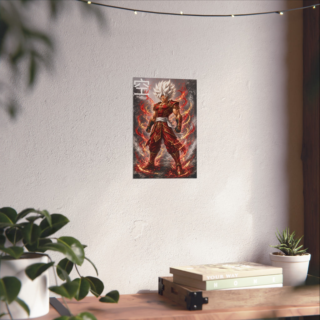 Sky Kanji Warrior Poster, White Hair God Mode Anime Art Print, Vertical Elemental Fighter Giclee Wall Decor