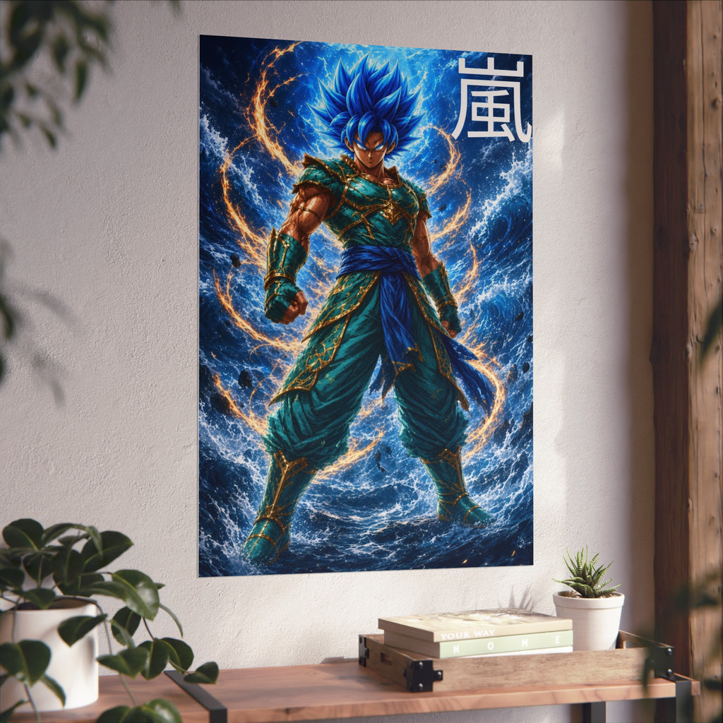 Storm Kanji Poster, Electric Blue Aura Anime Art Print, Vertical Elemental Lightning Fighter Giclee Wall Decor