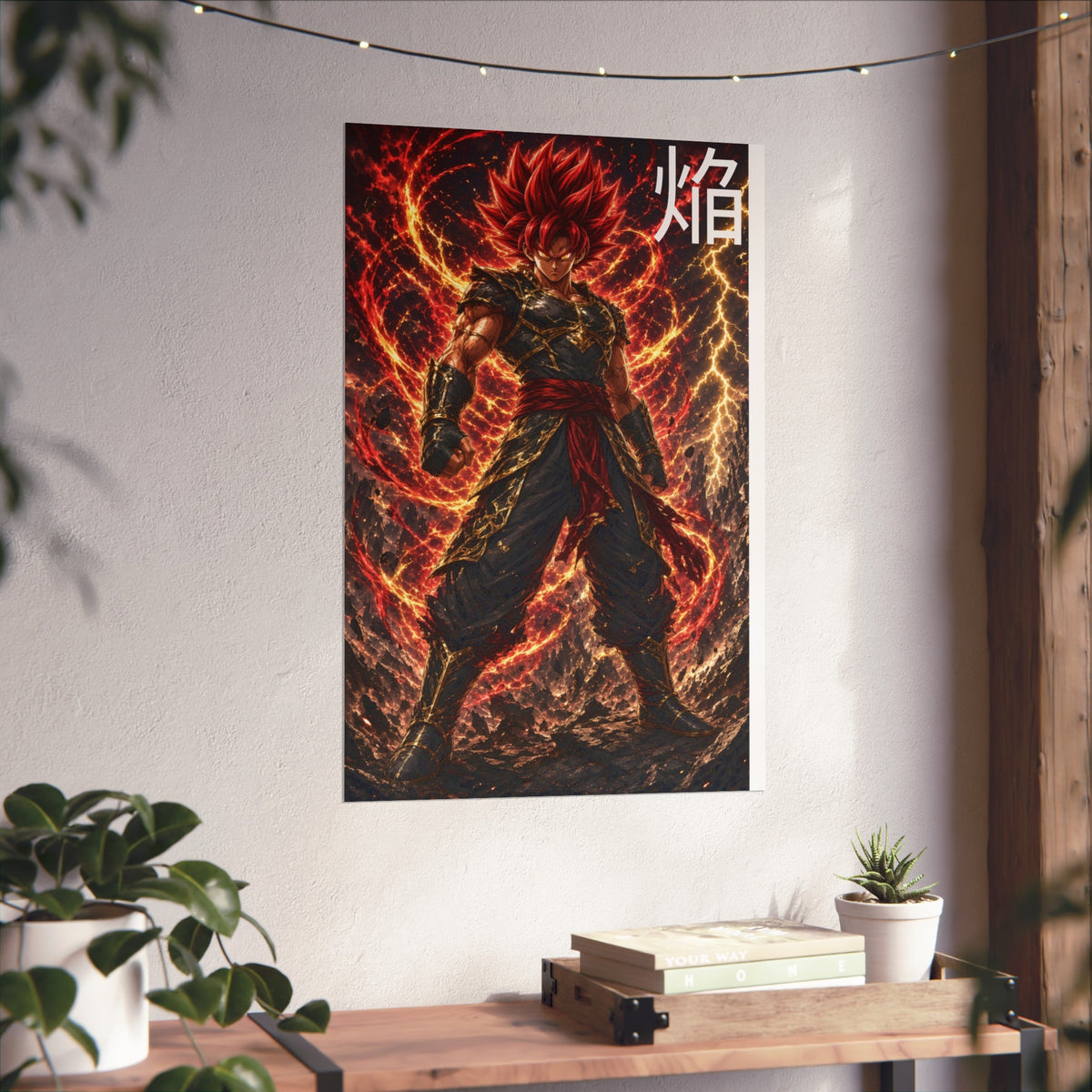 Flame Kanji Poster, Crimson Magma Aura Anime Art Print, Vertical Elemental Fire Fighter Giclee Wall Decor
