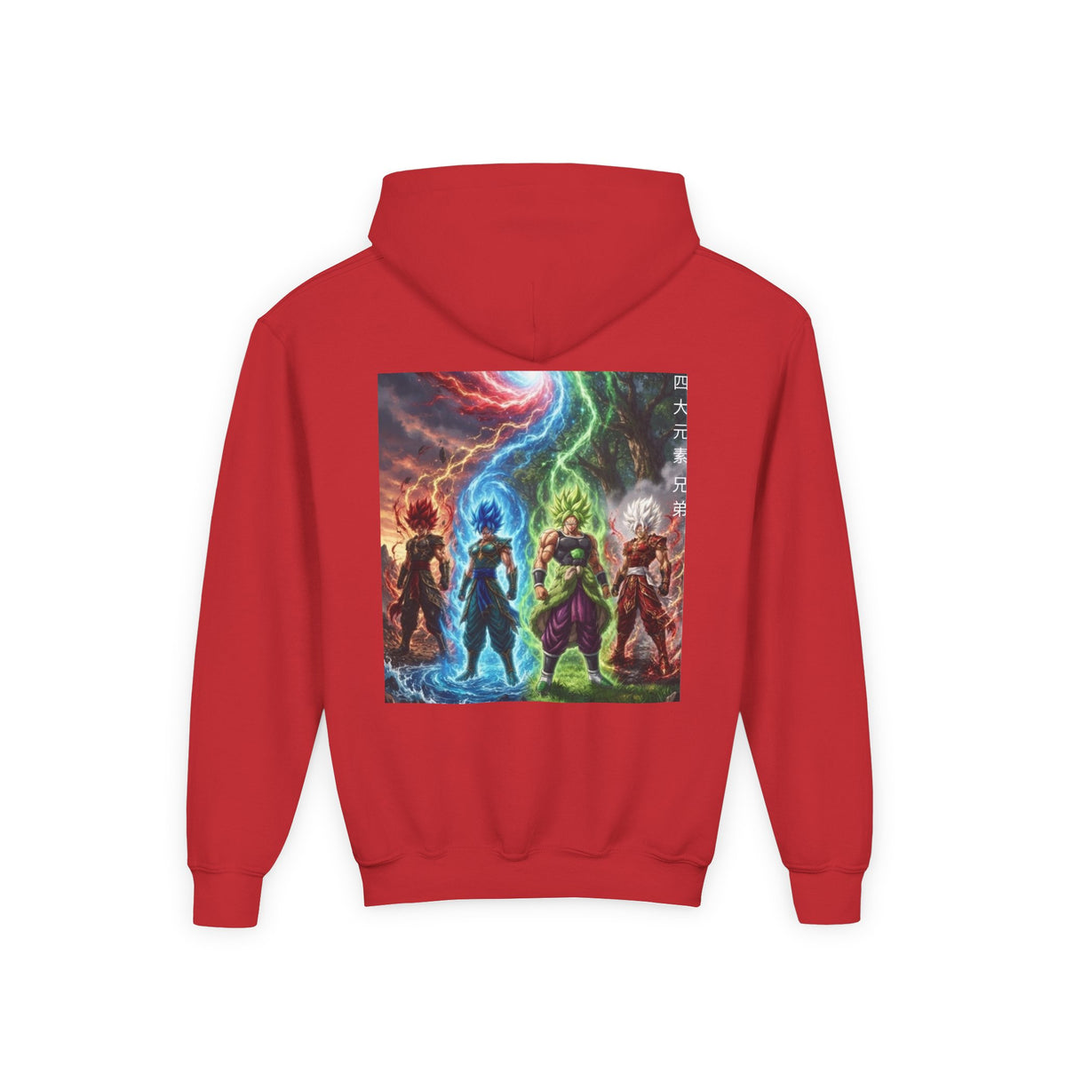 Multi Color Variant Hoodie, Four Elemental Brothers Kids Pullover, Front Kanji Back Print Anime Graphic Youth Sweatshirt