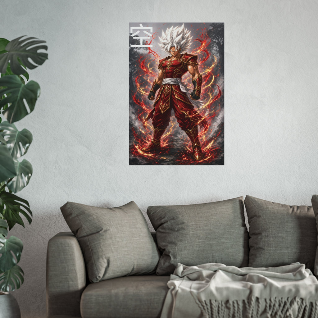 Sky Kanji Warrior Poster, White Hair God Mode Anime Art Print, Vertical Elemental Fighter Giclee Wall Decor