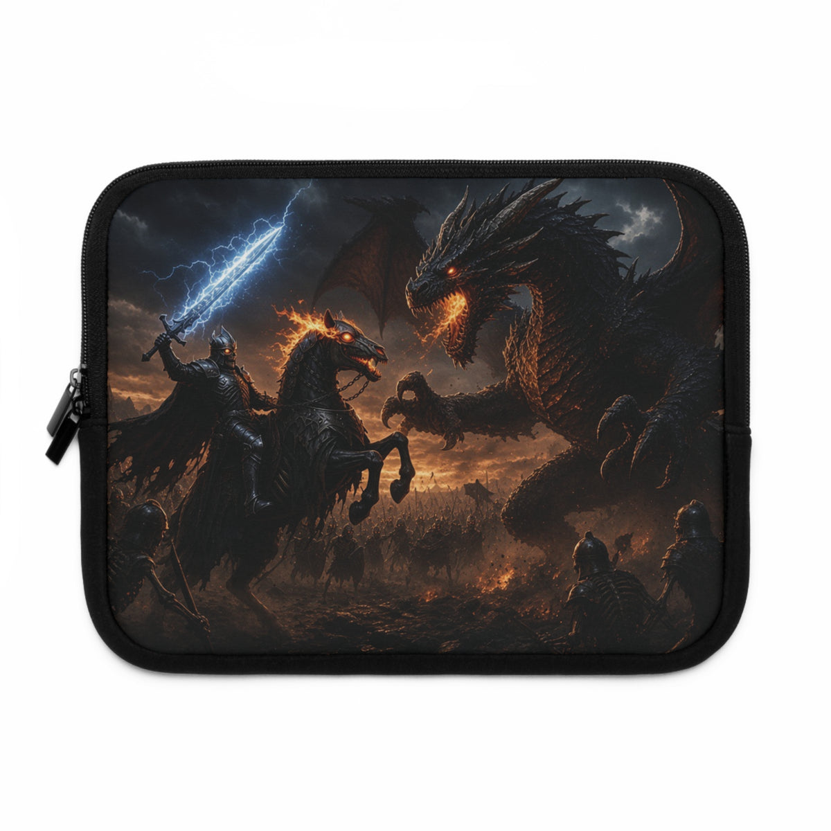 Rearing Hellhound Rider Laptop Sleeve, Lightning Sword vs Ancient Dragon Computer Case, Dark Fantasy RPG Boss Fight Tech Cover
