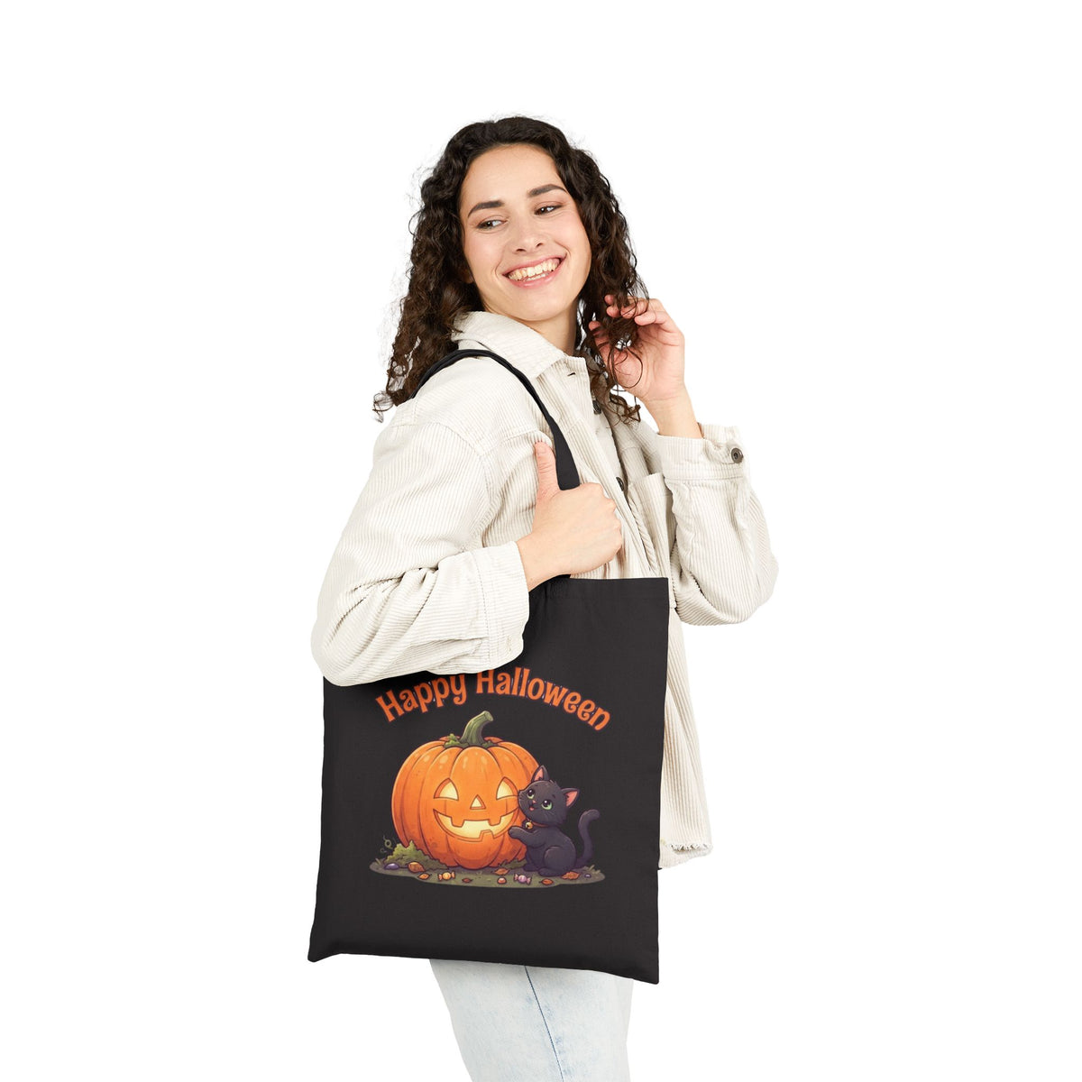 Halloween Black Cat Tote Bag | Carved Pumpkin Canvas Market Bag