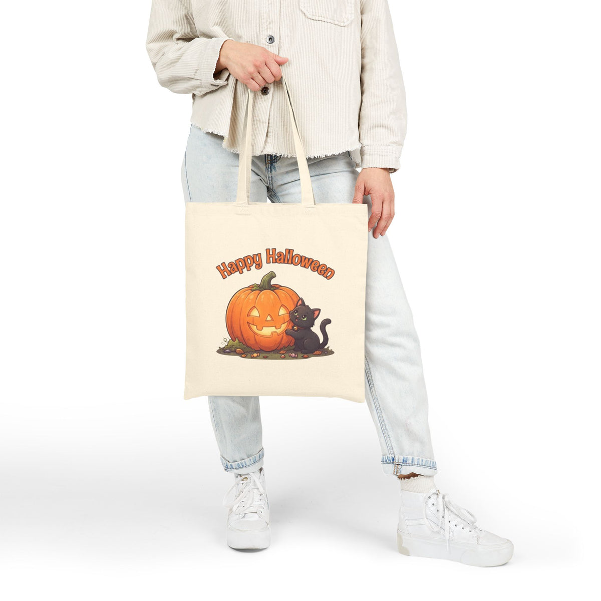 Halloween Black Cat Tote Bag | Carved Pumpkin Canvas Market Bag