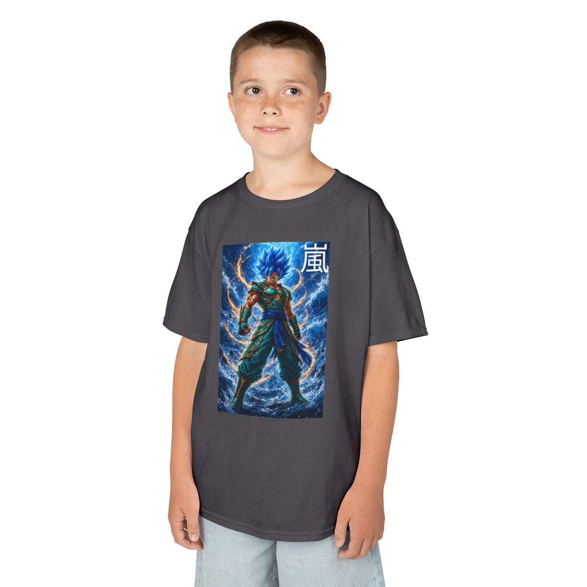 Kinetic Lightning Tee, Storm Kanji Blue Warrior Youth Shirt, Elemental Electric Fighter Graphic Kids Playwear Clothing