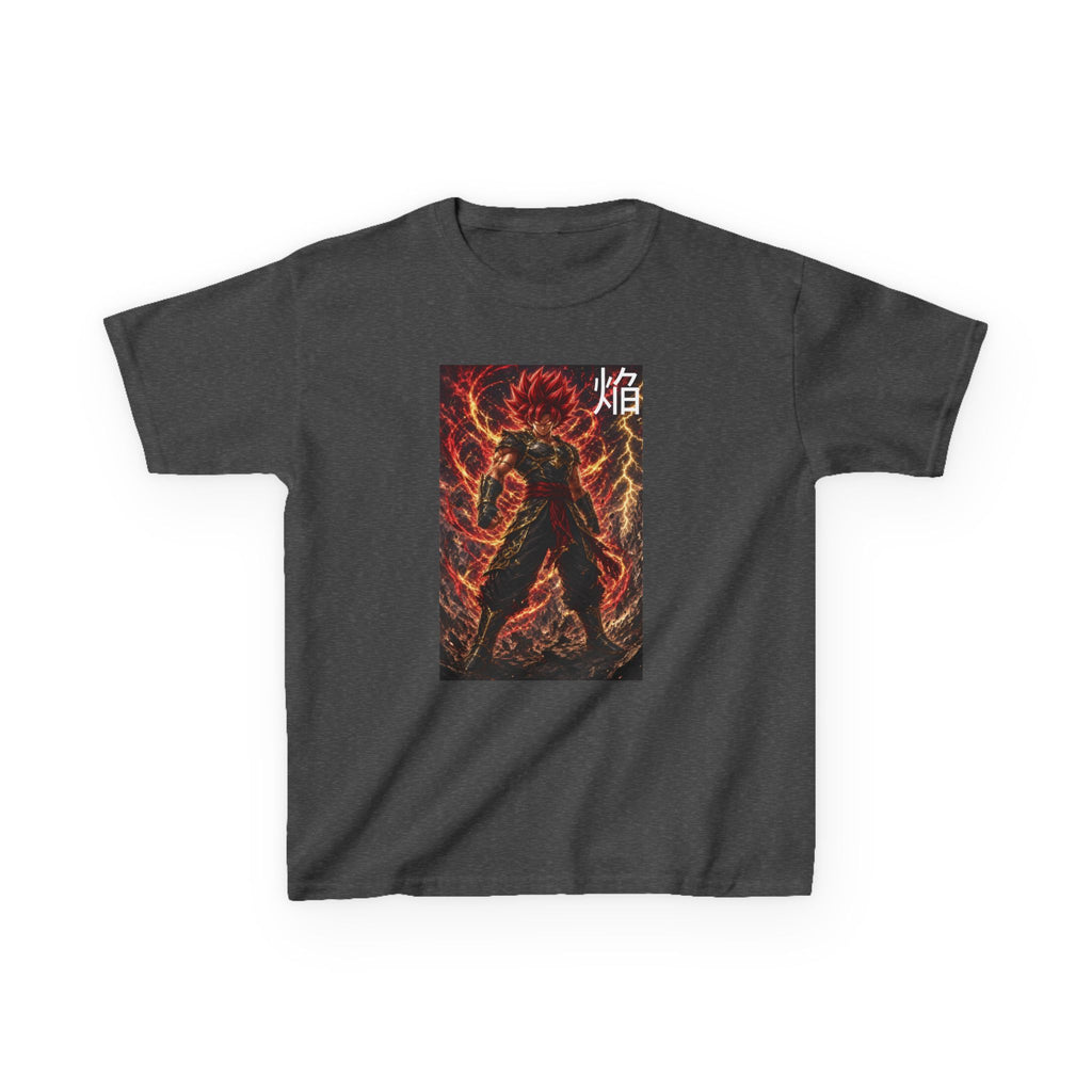 Volcanic Crimson Tee, Flame Kanji Magma Warrior Youth Shirt, Elemental Fire Fighter Graphic Kids Playwear Clothing