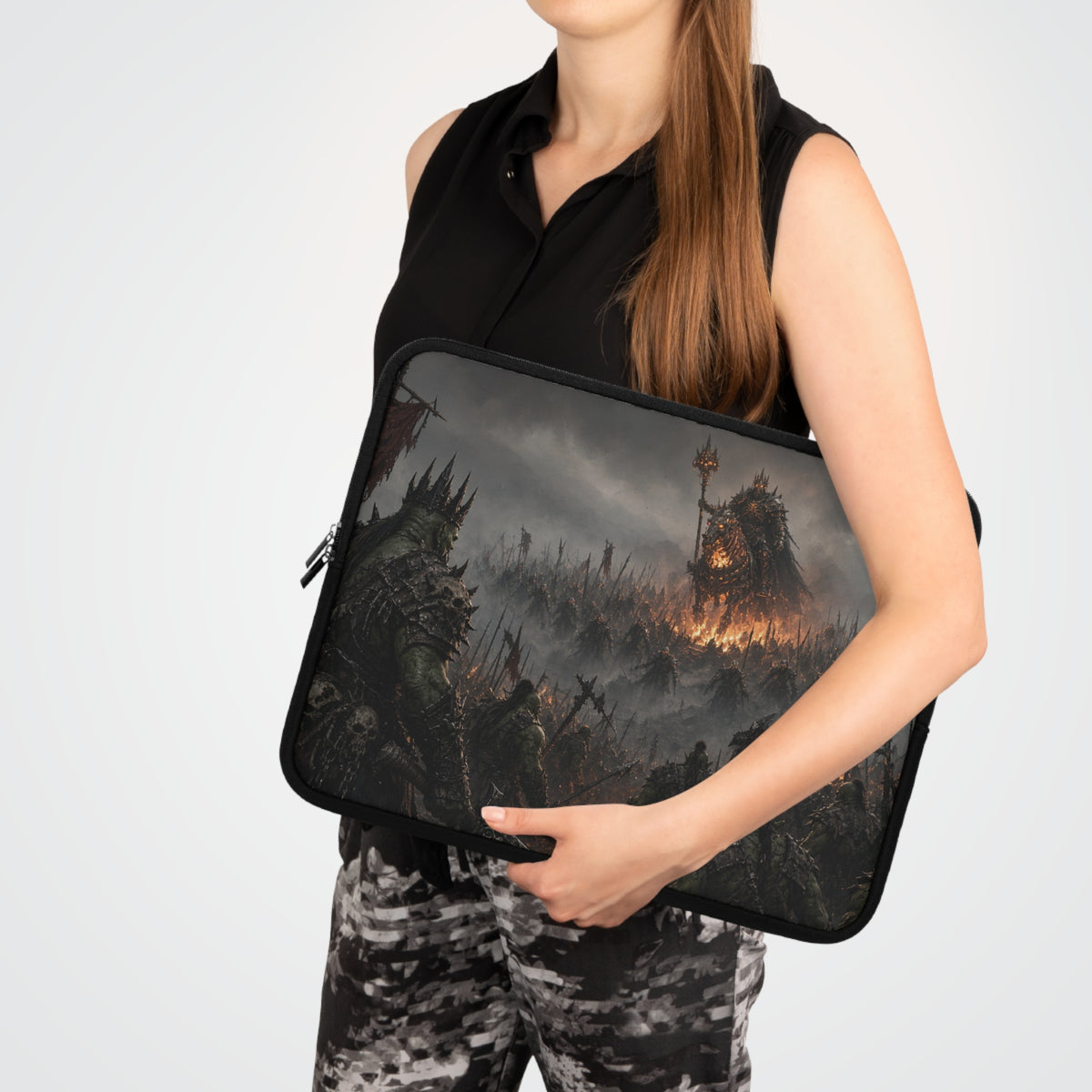 Spiked Crown Warlord Laptop Sleeve, Flaming Banner Orc Army Computer Case, Dark Fantasy Tabletop RPG Tactical Notebook Cover