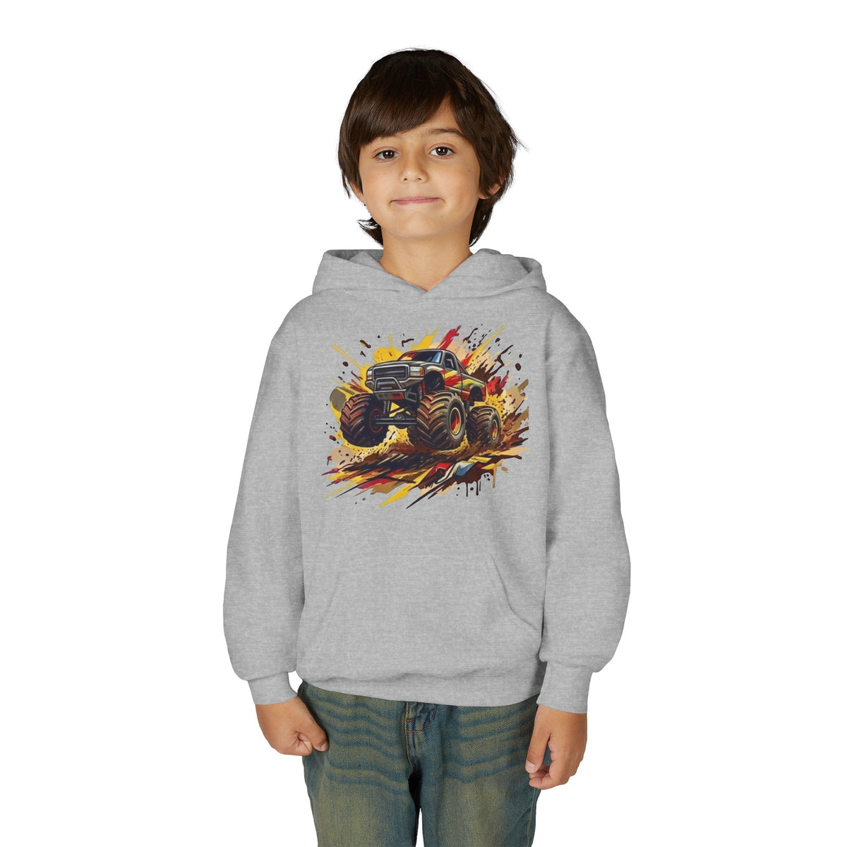 Monster Truck Illustration Youth Hoodie | Racing Mud Splash Graphic