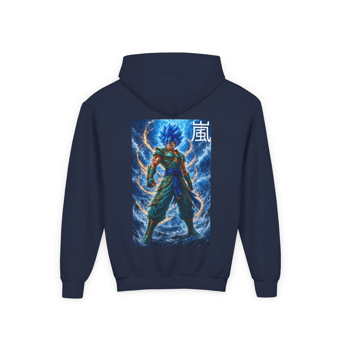 Electric Lightning Warrior Hoodie, Storm Kanji Anime Kids Pullover, Front Minimal Chest Text Back Print Elemental Graphic Youth Sweatshirt