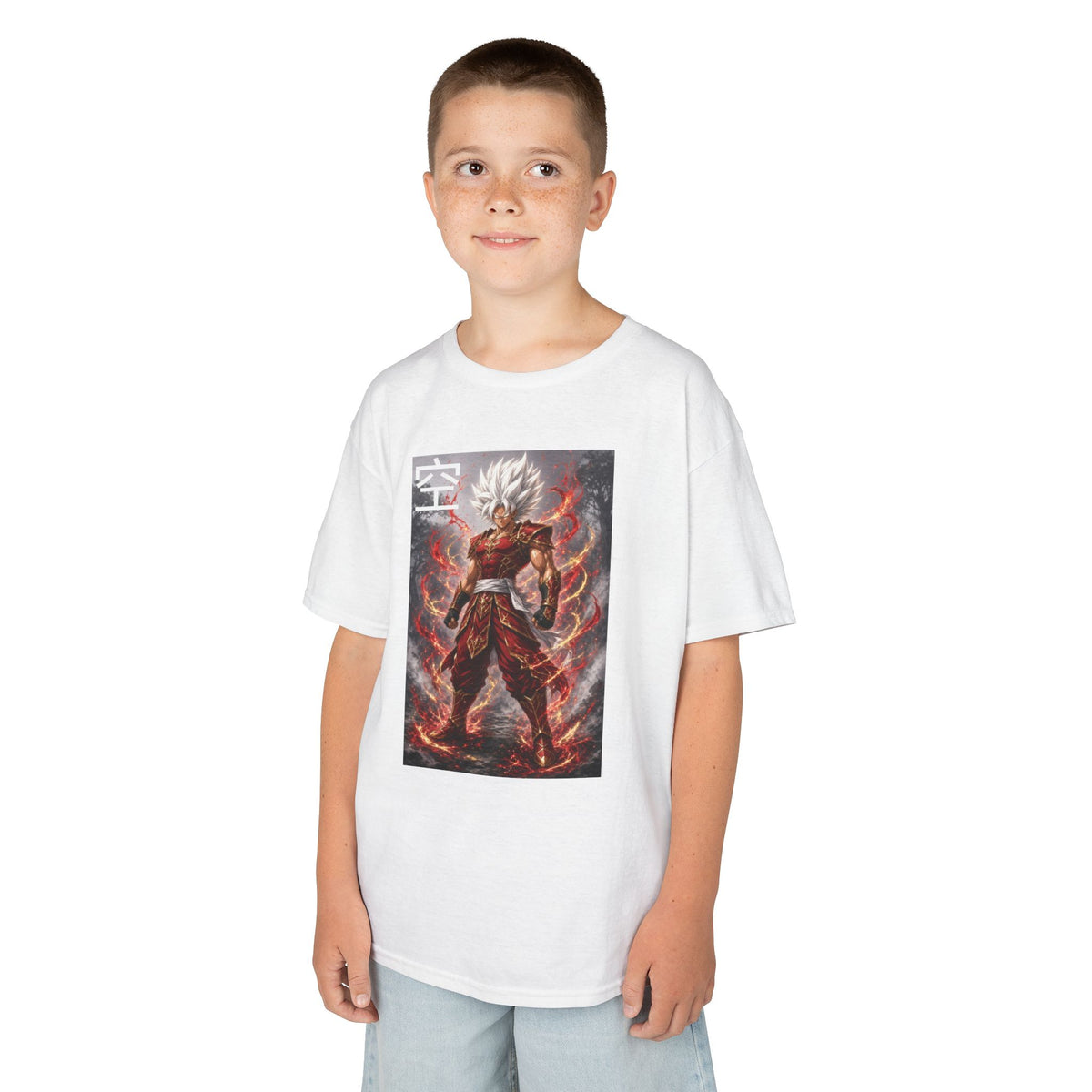 Kids Anime T-Shirt, Sky Kanji White Hair Warrior Youth Shirt, Elemental God Mode Fighter Graphic Boy Girl Clothes