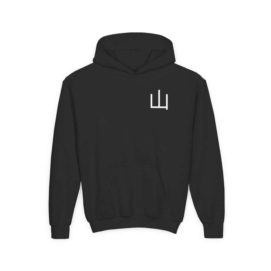 Deep Forest Warrior Hoodie, Mountain Kanji Anime Kids Pullover, Front Minimal Chest Text Back Print Elemental Graphic Youth Sweatshirt