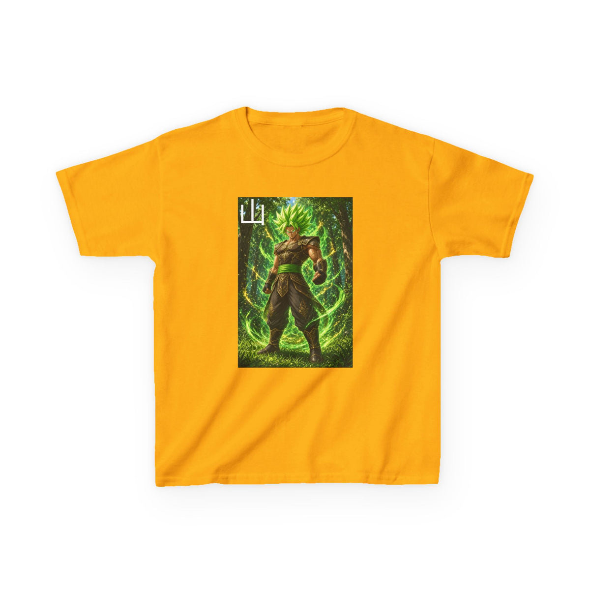 Emerald Forest Tee, Mountain Kanji Green Warrior Youth Shirt, Elemental Earth Fighter Graphic Kids Playwear Clothing