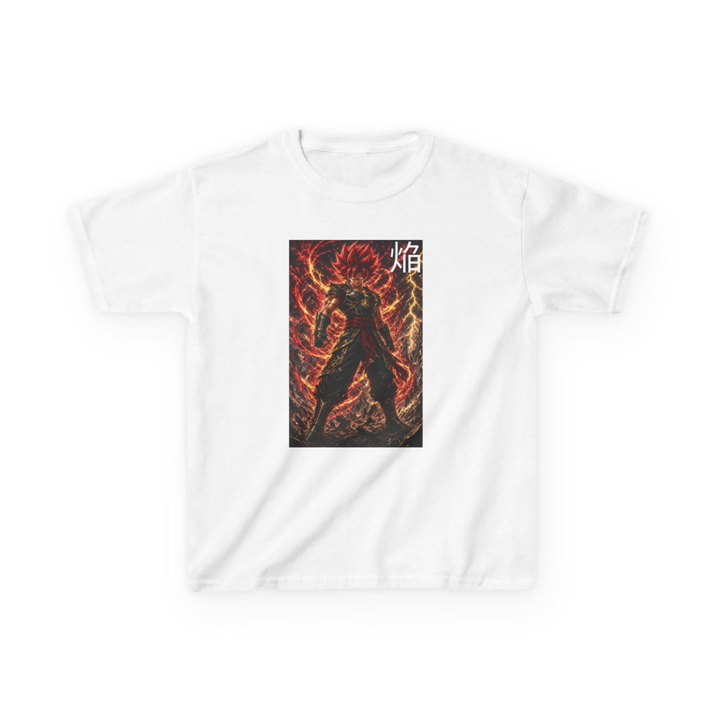 Volcanic Crimson Tee, Flame Kanji Magma Warrior Youth Shirt, Elemental Fire Fighter Graphic Kids Playwear Clothing