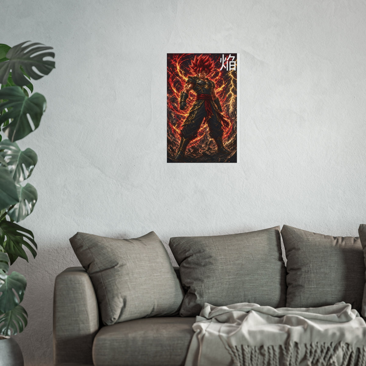 Flame Kanji Poster, Crimson Magma Aura Anime Art Print, Vertical Elemental Fire Fighter Giclee Wall Decor